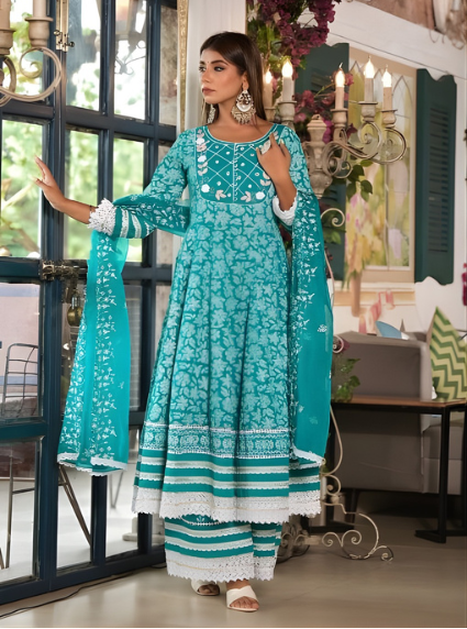 Sea Green Cotton Printed Kurta Set For Women