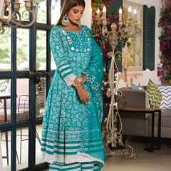 Sea Green Cotton Printed Kurta Set For Women