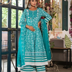 Sea Green Cotton Printed Kurta Set For Women