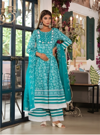 Sea Green Cotton Printed Kurta Set For Women