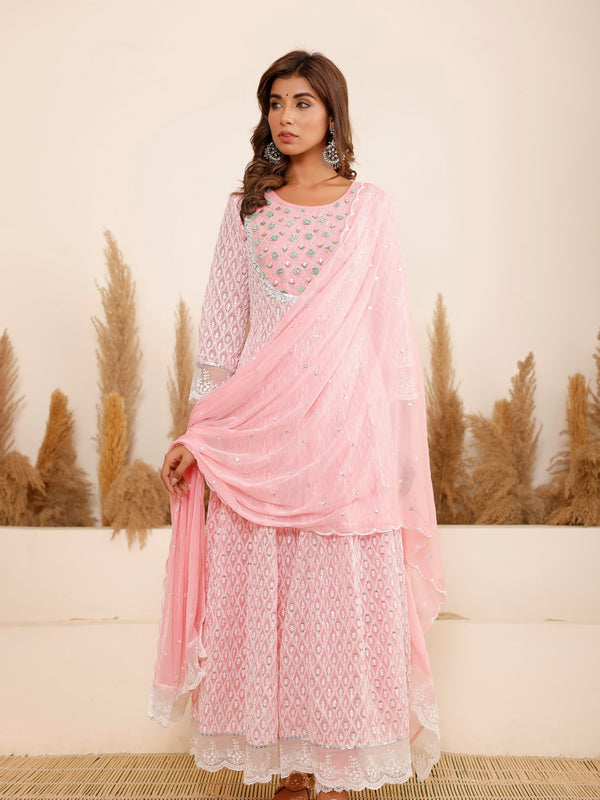 Pink Georgette Schiffli Anarkali Kurta Set with Dupatta