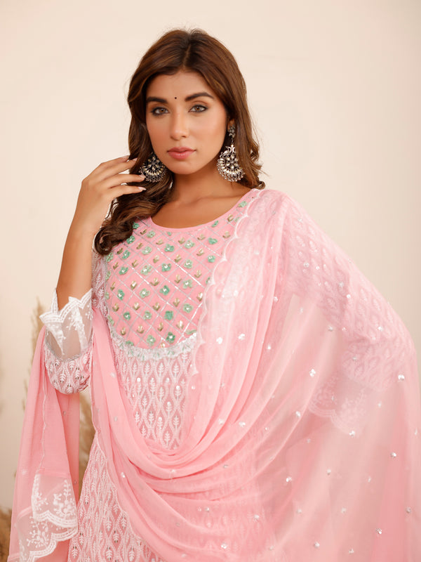 Pink Georgette Schiffli Anarkali Kurta Set with Dupatta