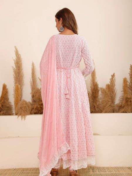 Pink Georgette Schiffli Anarkali Kurta Set with Dupatta