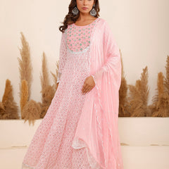 Pink Georgette Schiffli Anarkali Kurta Set with Dupatta