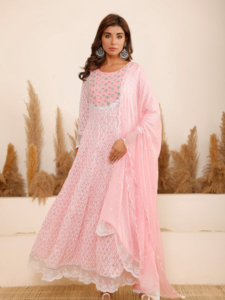 Pink Georgette Schiffli Anarkali Kurta Set with Dupatta