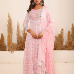 Pink Georgette Schiffli Anarkali Kurta Set with Dupatta
