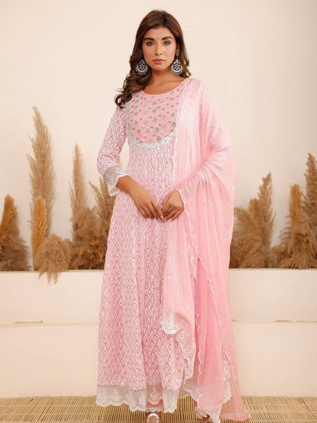 Pink Georgette Schiffli Anarkali Kurta Set with Dupatta