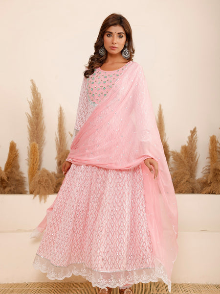 Pink Georgette Schiffli Anarkali Kurta Set with Dupatta