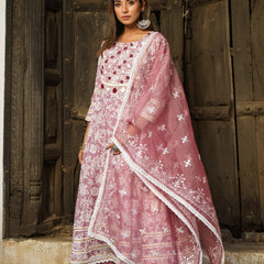 Mauve Gold Print Anarkali Kurta Set with Dupatta