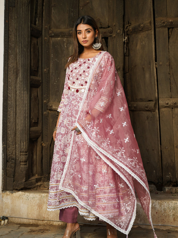 Mauve Gold Print Anarkali Kurta Set with Dupatta