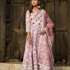 Mauve Gold Print Anarkali Kurta Set with Dupatta