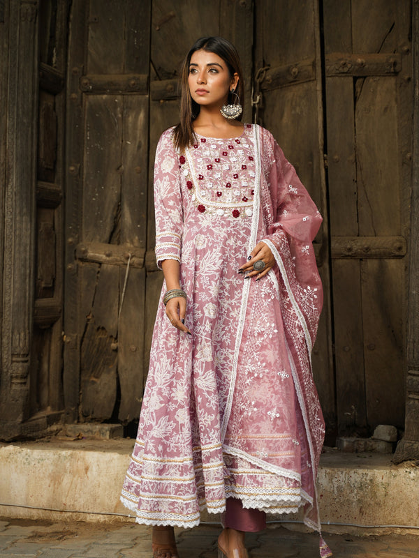 Mauve Gold Print Anarkali Kurta Set with Dupatta