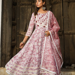 Mauve Gold Print Anarkali Kurta Set with Dupatta