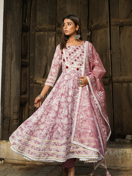 Mauve Gold Print Anarkali Kurta Set with Dupatta