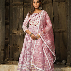 Mauve Gold Print Anarkali Kurta Set with Dupatta