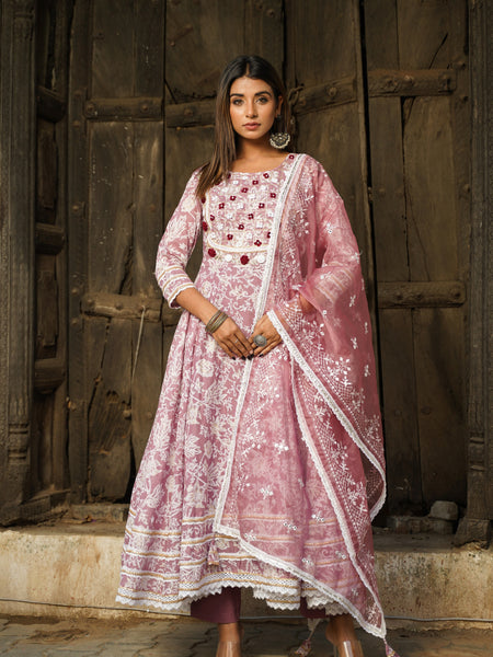 Mauve Gold Print Anarkali Kurta Set with Dupatta