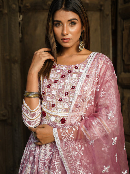 Mauve Gold Print Anarkali Kurta Set with Dupatta