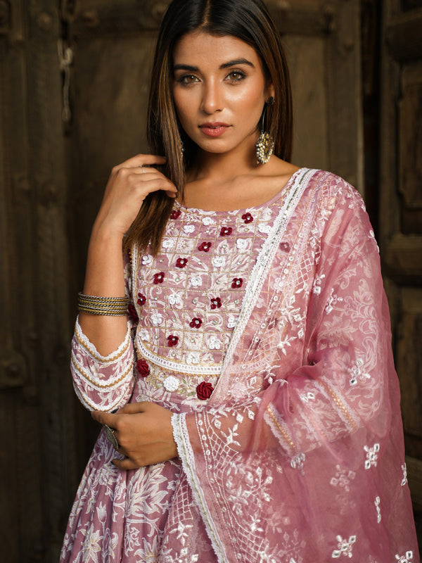 Mauve Gold Print Anarkali Kurta Set with Dupatta