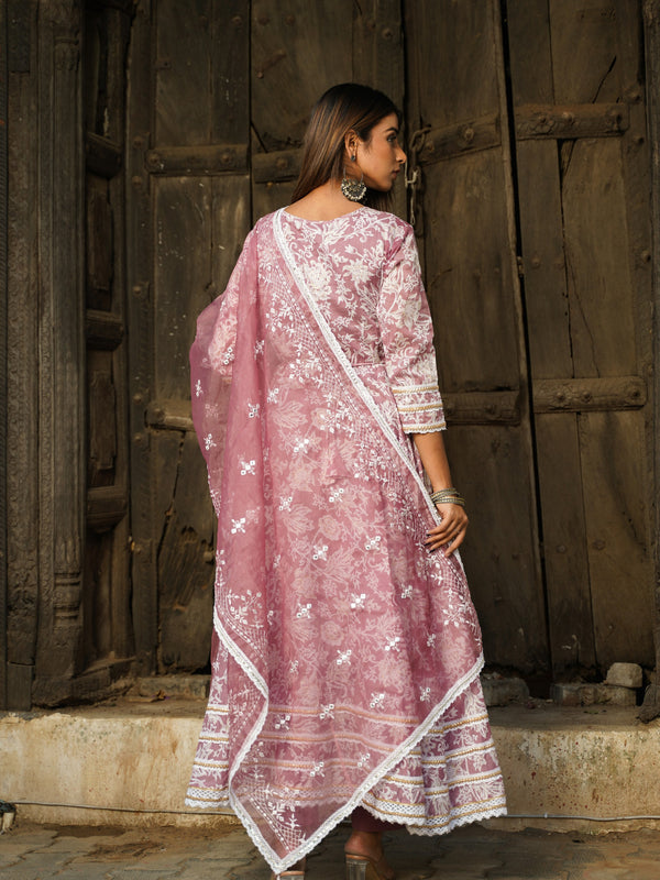 Mauve Gold Print Anarkali Kurta Set with Dupatta