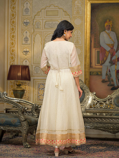 Off White Foil Print Angrakha Kurta Set with Dupatta