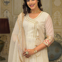Off White Foil Print Angrakha Kurta Set with Dupatta