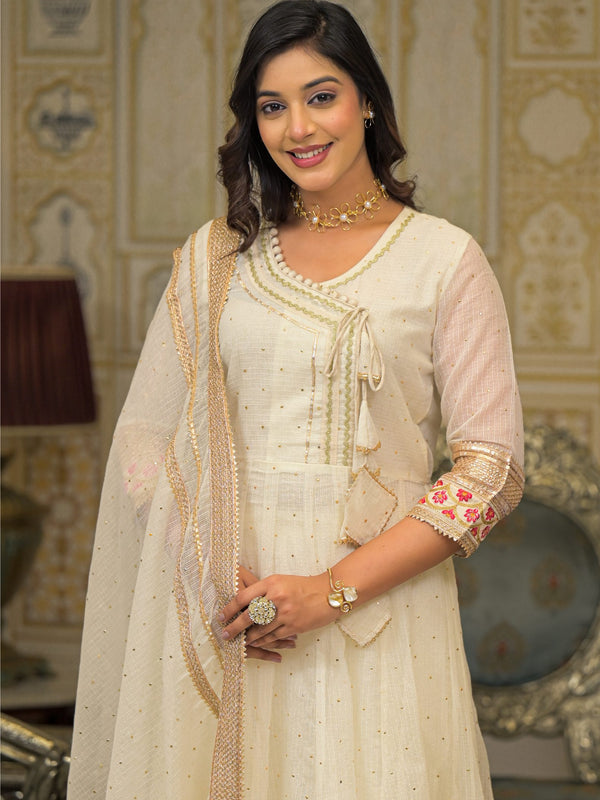 Off White Foil Print Angrakha Kurta Set with Dupatta