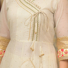 Off White Foil Print Angrakha Kurta Set with Dupatta
