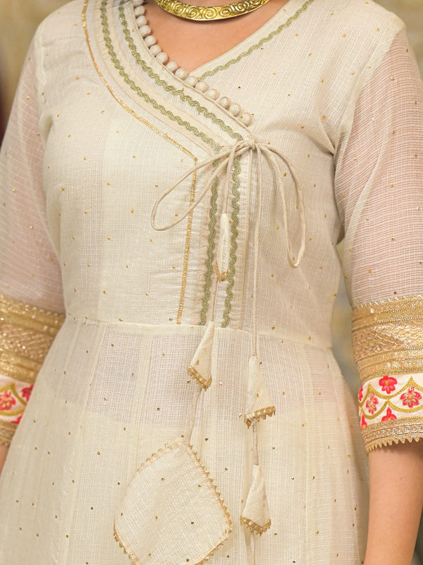 Off White Foil Print Angrakha Kurta Set with Dupatta