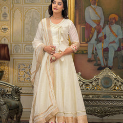 Off White Foil Print Angrakha Kurta Set with Dupatta