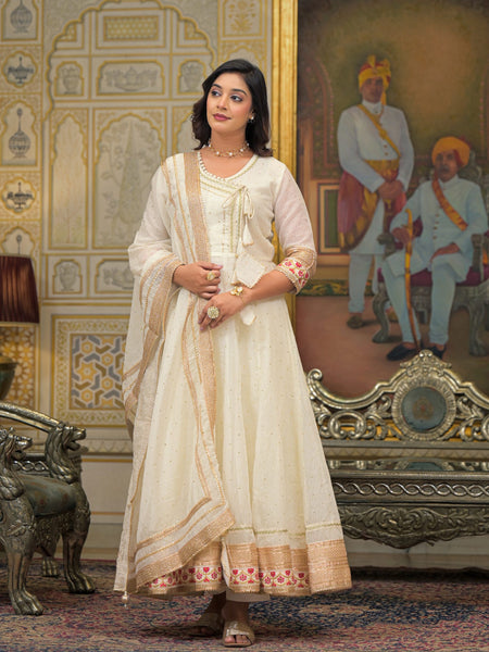 Off White Foil Print Angrakha Kurta Set with Dupatta