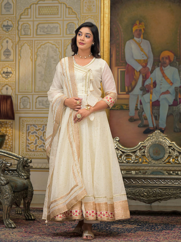 Off White Foil Print Angrakha Kurta Set with Dupatta