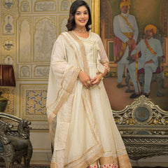 Off White Foil Print Angrakha Kurta Set with Dupatta