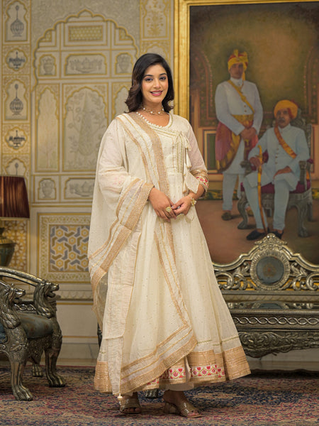Off White Foil Print Angrakha Kurta Set with Dupatta