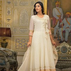 Off White Foil Print Angrakha Kurta Set with Dupatta