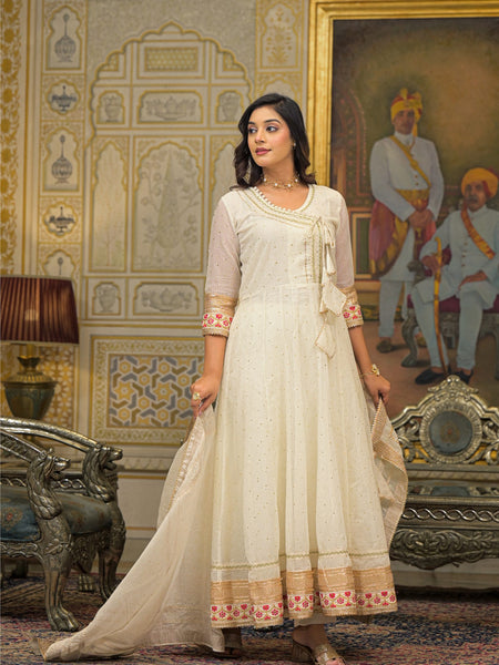 Off White Foil Print Angrakha Kurta Set with Dupatta