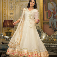 Off White Foil Print Angrakha Kurta Set with Dupatta