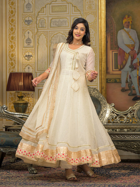 Off White Foil Print Angrakha Kurta Set with Dupatta