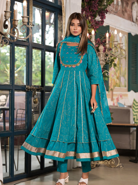 Teal Cotton Premium And Elegant Kurta Sets For Women