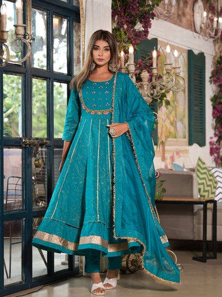 Teal Cotton Premium And Elegant Kurta Sets For Women