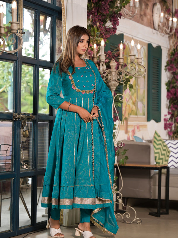 Teal Cotton Premium And Elegant Kurta Sets For Women