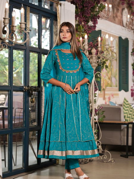 Teal Cotton Premium And Elegant Kurta Sets For Women