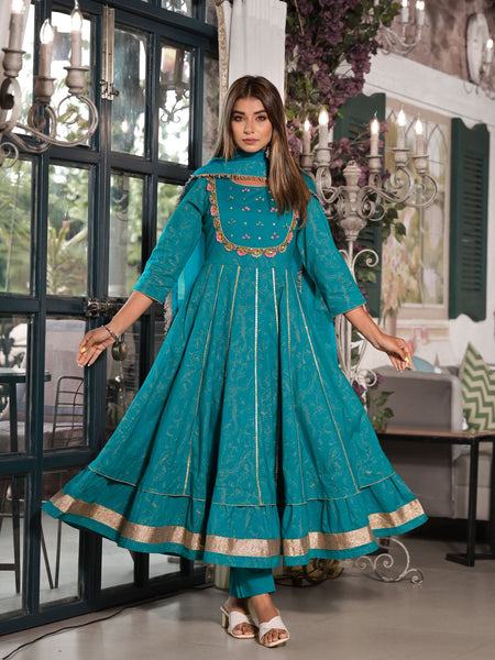 Teal Cotton Premium And Elegant Kurta Sets For Women