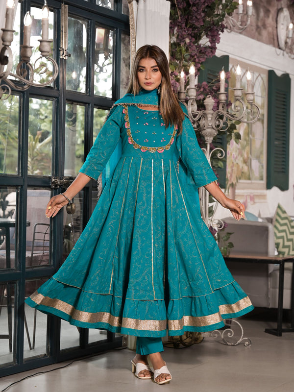 Teal Cotton Premium And Elegant Kurta Sets For Women