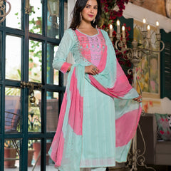 Sea Green Cotton Premium And Elegant Kurta Sets For Women