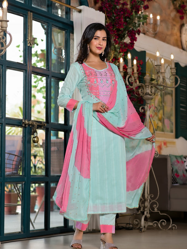 Sea Green Cotton Premium And Elegant Kurta Sets For Women