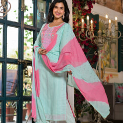 Sea Green Cotton Premium And Elegant Kurta Sets For Women
