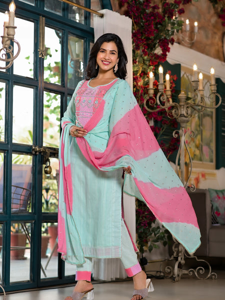 Sea Green Cotton Premium And Elegant Kurta Sets For Women