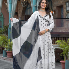 White Dabu Print Angrakha Kurta Set with Dupatta