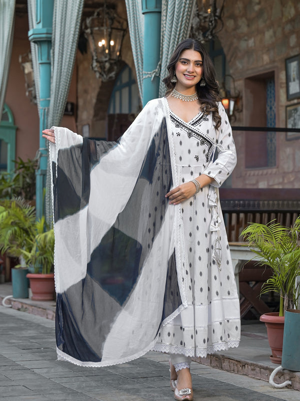 White Dabu Print Angrakha Kurta Set with Dupatta
