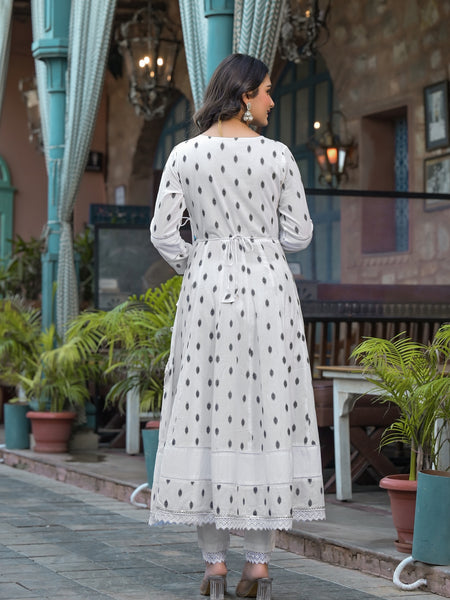 White Dabu Print Angrakha Kurta Set with Dupatta
